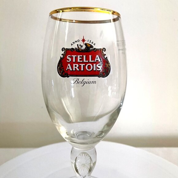 Stella Artois Beer Glass 8" Tall With Gold Rim Belgium Design For Collectors - Picture 2 of 13